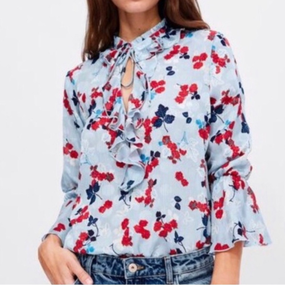 ZARA BLUE FLORAL LONG BELL SLEEVE TIE NECKLINE BLOUSE WOMENS SZ XS